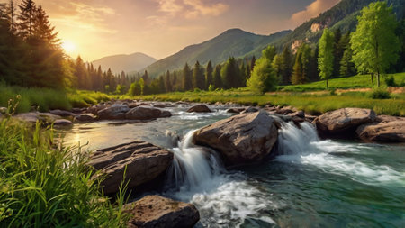Panoramic view of the mountain river at sunset. Mountain landscape.の写真素材