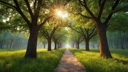 Sunset in the forest. The path through the trees. Nature background