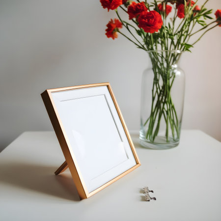 Golden photo frame with red carnation flowers in vase on white table