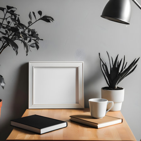 Mock up frame, books, coffee cup and potted plant on wooden tableの写真素材