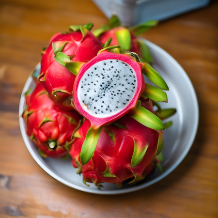 Dragon fruit on the wooden table. Tropical fruit. Healthy food.の写真素材