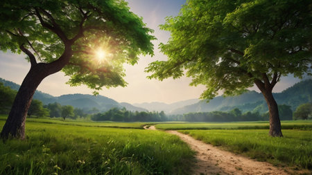 Rice field in the morning with sun ray and tree background.の写真素材