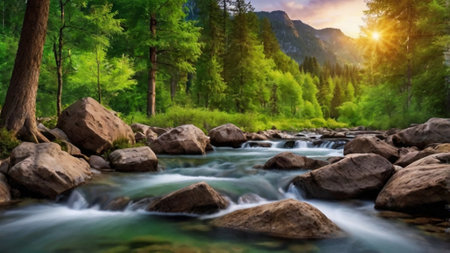 Beautiful view of the mountain river in the forest. Summer landscape.の写真素材