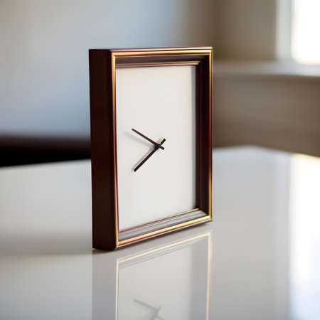 Wooden clock on the table in the room. 3d rendering