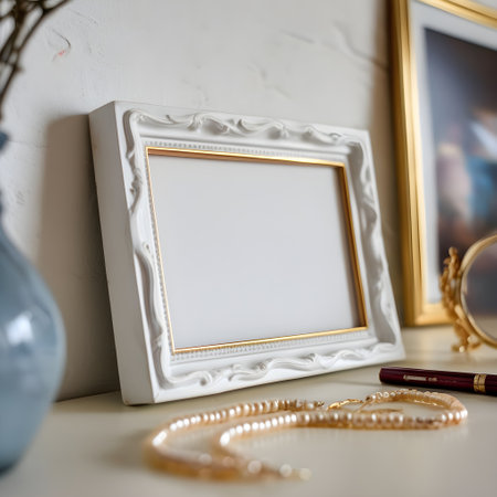 Photo frame mockup with golden frame, pearl necklace and bracelets on white table.