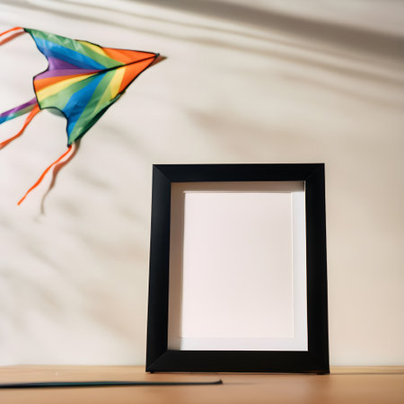 Photo frame mockup with kite decoration on wooden table at home