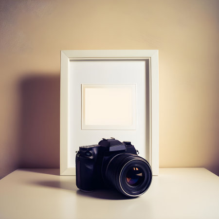 Photo frame with a camera on the table. Photo for your design