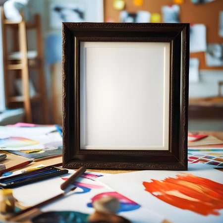 Photo frame mockup on the table in the artist's studio.