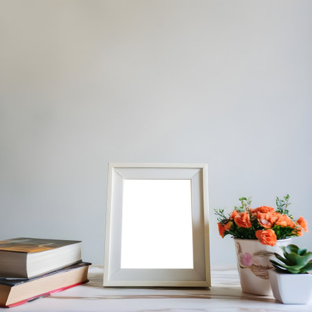 Blank photo frame with books and vase of flowers on white background