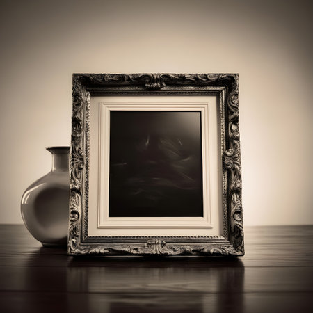 Vintage picture frame on wooden table with vase. Toned.の写真素材
