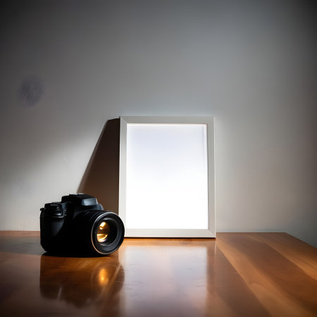 Blank photo frame and camera on the wooden table in room.