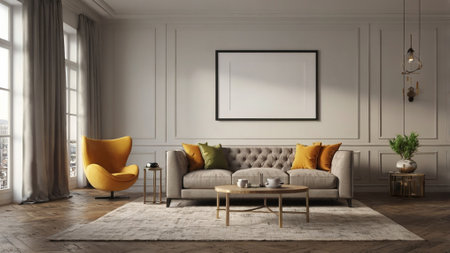 Living room interior with brown sofa, coffee table and yellow armchair. Mock up poster frame. 3D...