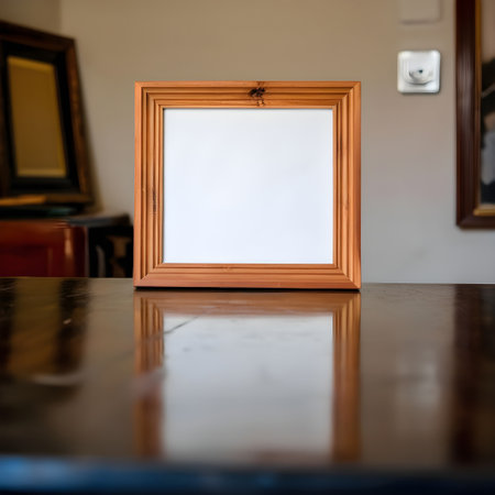 Blank picture frame on the table in coffee shop, stock photo