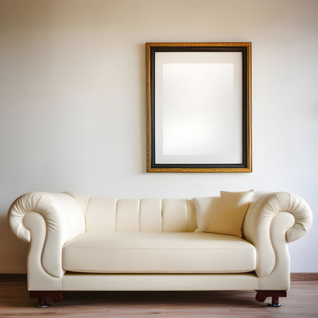 White sofa with a picture frame on the wall. 3d renderingの写真素材