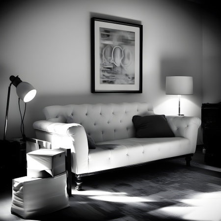 3D rendering of a white leather sofa in a modern living roomの写真素材