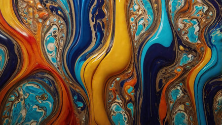 Marbled blue, orange and yellow abstract background. Liquid marble pattern.