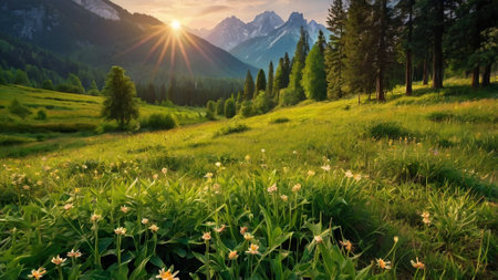 Sunset in the mountains. Beautiful summer landscape with green grass and flowers.の写真素材