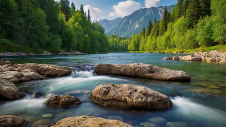 Beautiful mountain river with clear water and rocks in the foreground.