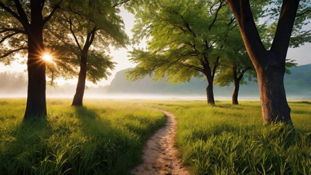 Landscape of meadow and trees at sunrise, 3d render