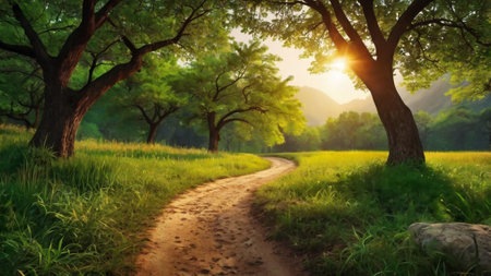 Sunset in the forest. Beautiful summer landscape. Nature background.