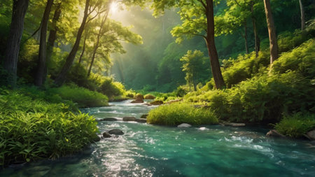 Beautiful mountain river in the green forest. Beautiful nature landscape.