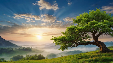 Beautiful sunrise in the mountains. Beautiful landscape with a tree.