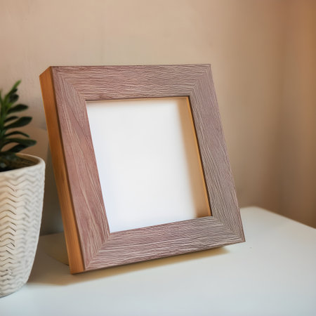 Wooden photo frame on the table in the room. Minimalism style.