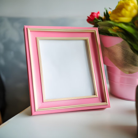 Photo frame mockup with tulips in pink vase on tableの写真素材
