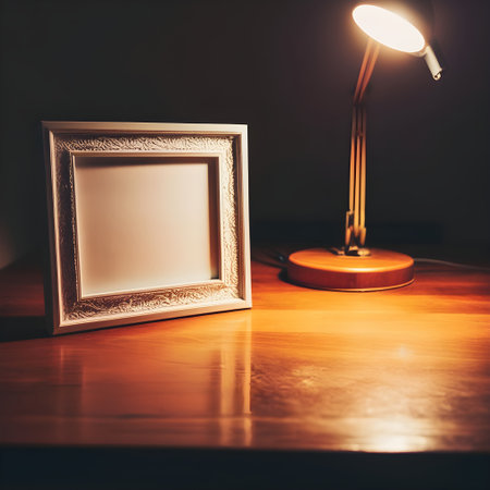 Vintage photo frame and lamp on wooden table in dark room.の写真素材