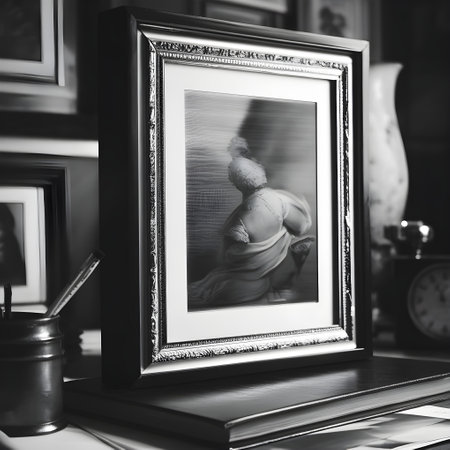 Black and white photo frame with a picture of a man in a roomの写真素材