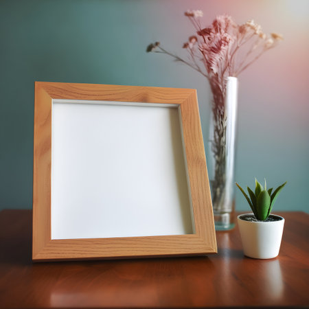 Blank picture frame on wooden table with vase of flowers.の写真素材