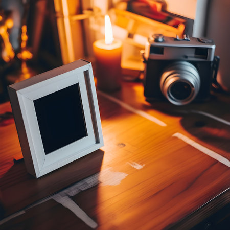 Photo frame on a wooden table with a camera in the background.