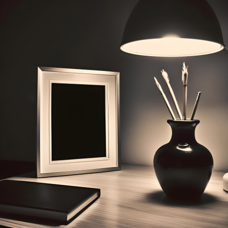 3d render, black vase, book and lamp on the table