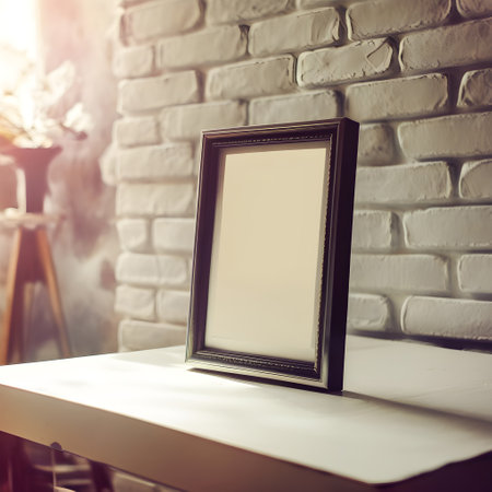 Blank photo frame on table in coffee shop - Vintage Light Filter