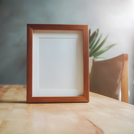 Blank picture frame on the wooden table in cafe, stock photoの写真素材