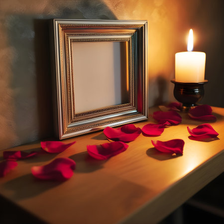 Photo frame with red rose petals and burning candle on wooden tableの写真素材