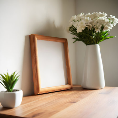 Wooden frame mockup on wooden table and white flowers in vaseの写真素材