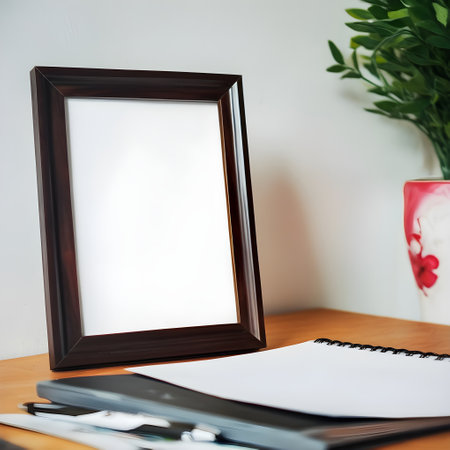 Blank picture frame mockup on wooden table with office supplies.の写真素材