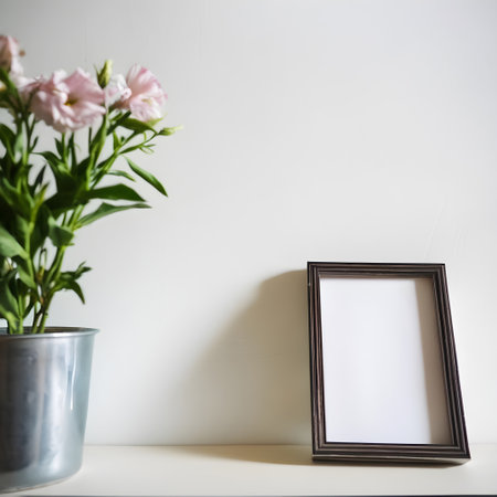 Blank picture frame mockup with flowers in vase on white shelfの写真素材