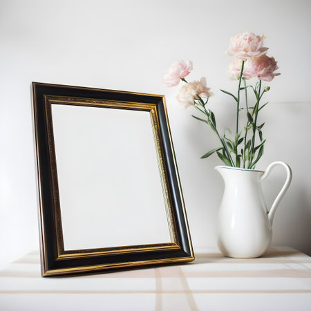 Picture frame mockup with bouquet of pink flowers in vase on tableの写真素材