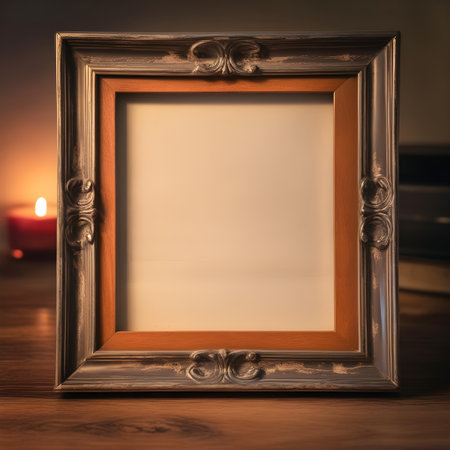 Empty picture frame on a wooden table in front of a burning candleの写真素材
