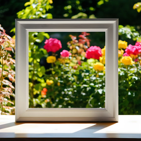 Blank white picture frame on wooden table with blurred garden background.