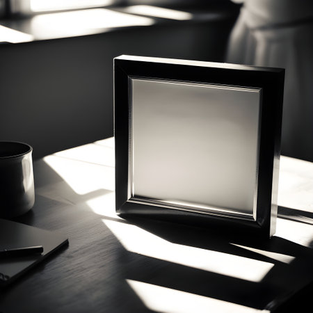 Black picture frame on table in sunlight. Black and white photo.の写真素材