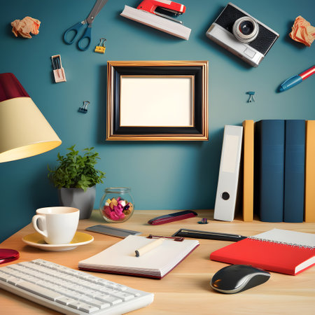 Workplace with computer, coffee cup, camera, stationery and other items. Mock up, 3D Rendering
