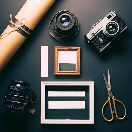 Flat lay composition with vintage camera, photo frames and stationery on black backgroundの写真素材