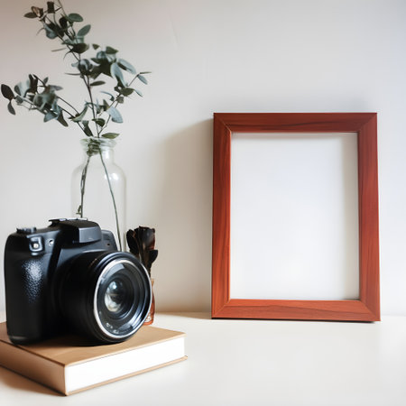 Blank photo frame, camera and books on a white table.