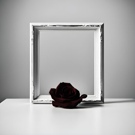 photo frame with rose on the white table and gray background, 3d render