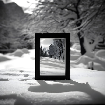 black and white photo frame with a picture of the winter landscape.の写真素材