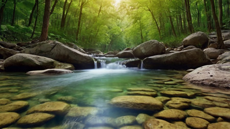 Waterfall in the green forest. Beautiful nature scene. Panoramaの写真素材