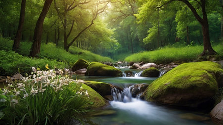 Beautiful spring landscape with mountain river and green forest in the background